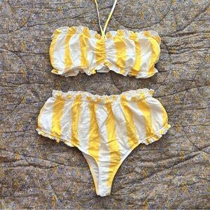FP Beach by Free People 60s Style Yellow White Stripe Ruffle Bloomers Bikini